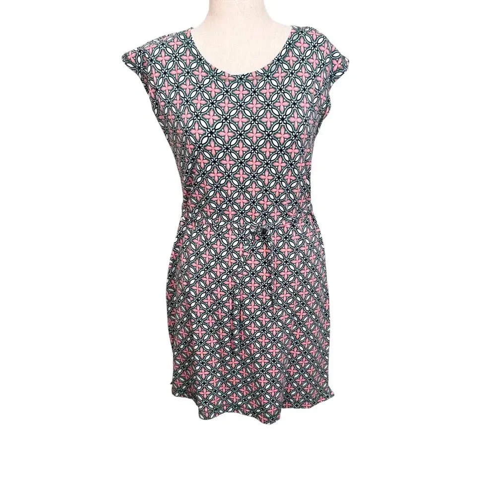 Talbots dress knit green white pink pattern cap sleeve scoop neck self tie Sz M - Picture 1 of 10